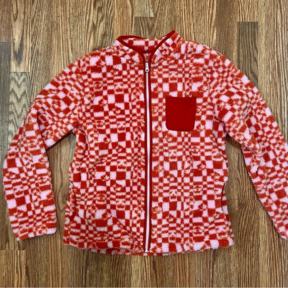 Nicola Bee Pink and Orange Checkerboard Zip front Fleece Jacket, Large - Picture 3 of 10